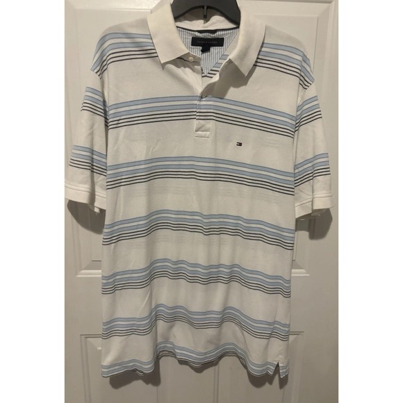 Tommy Hilfiger White Striped Polo Shirt Short‎ Sleeve Men's Sz XL Casual - Picture 1 of 7